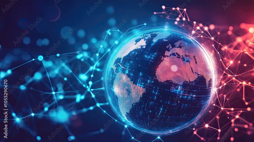 Poster digitalization concept global technologies. 3d digital connected earth network background. global bi