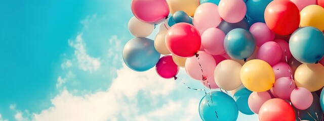 Bright colorful balloons against the wind on a blue sky background