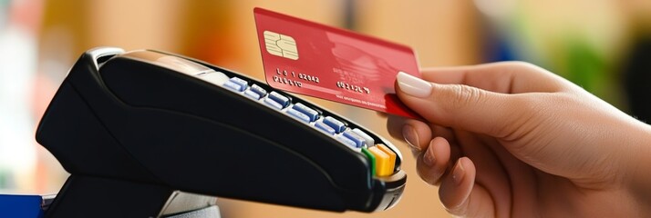 Customer using red credit card for contactless payment on a black electronic terminal in a shop.