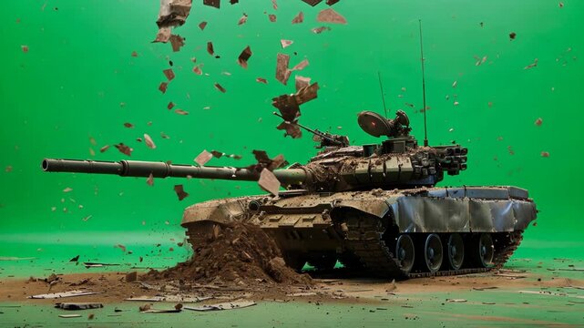 3D visualisation of Military tank on green screen chroma-key background