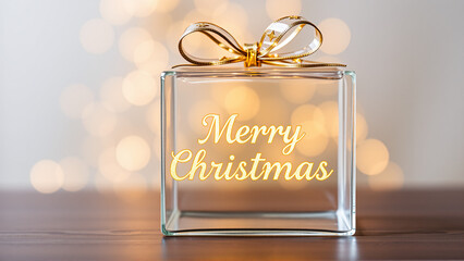 Decorative glass gift box with a bow against a festive bokeh background celebrating Christmas in a cozy indoor setting