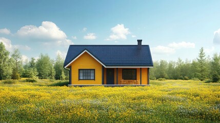 Obraz premium Yellow House with Blue Roof in a Field of Yellow Flowers