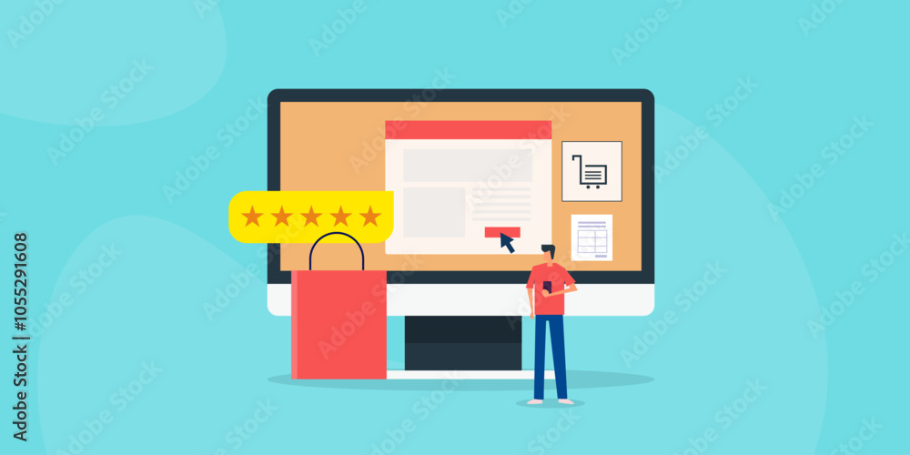 Poster online shopping store visit and product browsing from mobile phone, ecommerce store rating on comput