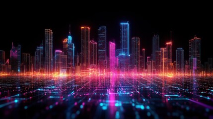 A futuristic cityscape with neon lights and digital grid.