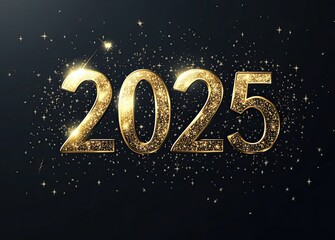 2025 is written in gold on a black background. Elegant, beautiful New Year poster	
