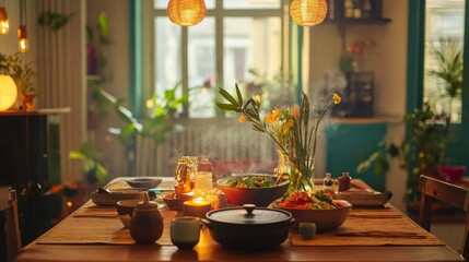 Cozy Dining Room with Noodle Dishes and Fresh Vegetables