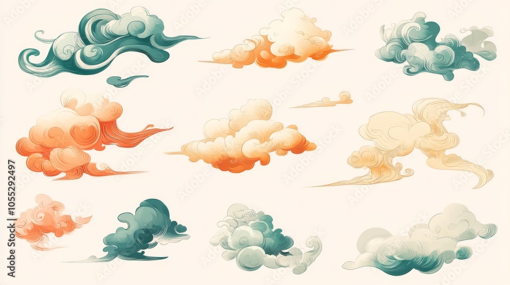 Poster a collection of clouds in various colors and shapes