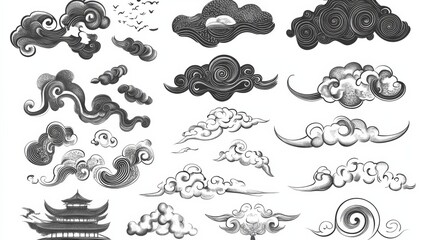 A collection of clouds and birds in various shapes and sizes