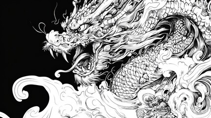 A black and white drawing of a dragon with a long tail and a mouth full of teeth