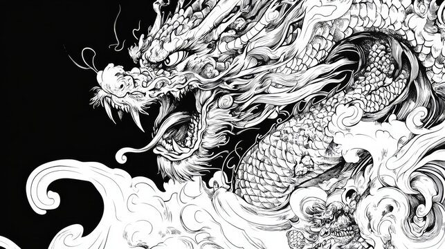 A black and white drawing of a dragon with a long tail and a mouth full of teeth