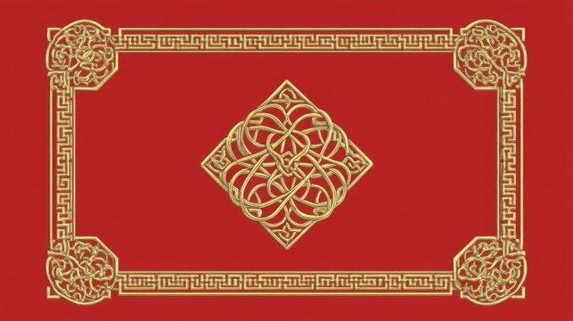 A red and gold framed square with a gold design in the center