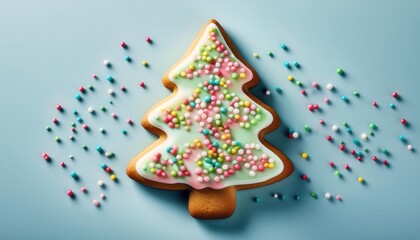 Decorated Christmas Tree Sugar Cookie with Green Frosting and Colorful Sprinkles on Light Blue Background. Ideal for Holiday Themed Marketing, Baking Tutorials, Recipe Blogs, and Festive Social Media