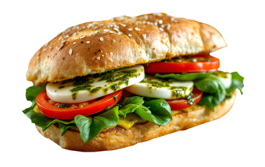 Close-up image of a vegetarian sandwich with tomato, egg, vegetable, and cheese on transparent background