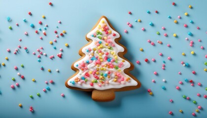 Decorated Christmas Tree Sugar Cookie with Green Frosting and Colorful Sprinkles on Light Blue Background. Ideal for Holiday Themed Marketing, Baking Tutorials, Recipe Blogs, and Festive Social Media