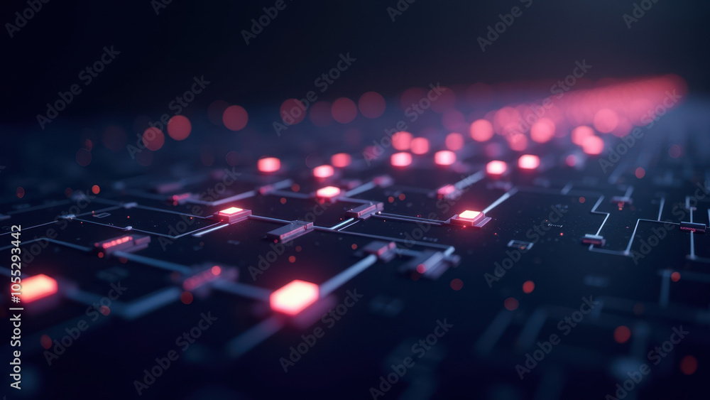 Poster futuristic computer circuit board with glowing red lights.