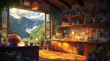 Cozy Kitchen With Ramen Bowls and Natural Light