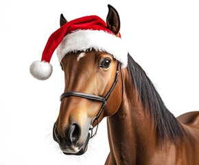 A brown horse wearing a festive Santa hat on a white background.