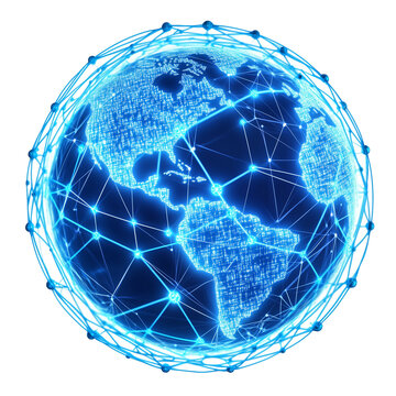 Fototapeta A digital globe with glowing blue connections on a transparent background