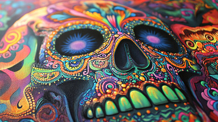 Fototapeta premium Close up of intricate sugar skull designs with vibrant colors and patterns, showcasing artistic details and cultural significance