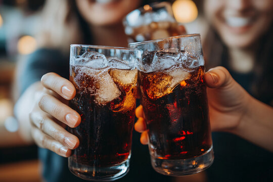 Two friends clink glasses of iced cola in celebration capturing a moment of refreshment and social enjoyment together
