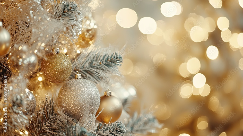 Canvas Prints a close-up of the christmas tree with lights and ornaments against a blurred background of sparkling