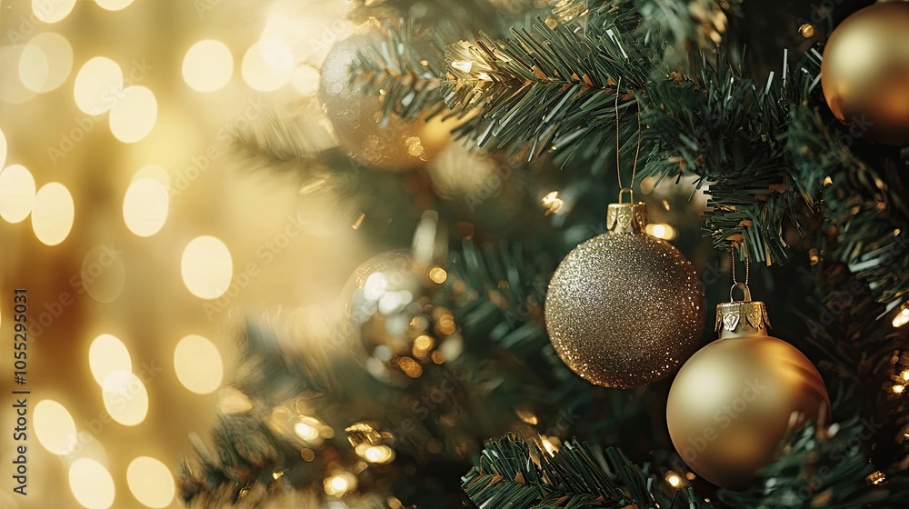 Canvas Prints a close-up of the christmas tree with lights and ornaments against a blurred background of sparkling