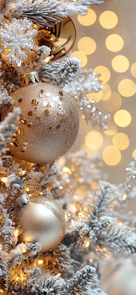 Canvas Prints a close-up of the christmas tree with lights and ornaments against a blurred background of sparkling