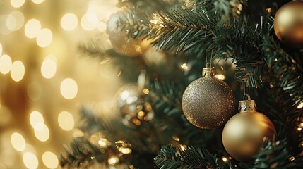 Obraz premium A close-up of the Christmas tree with lights and ornaments against a blurred background of sparkling bokeh lights. Christmas and New Year background, banner, poster, wallpaper. 