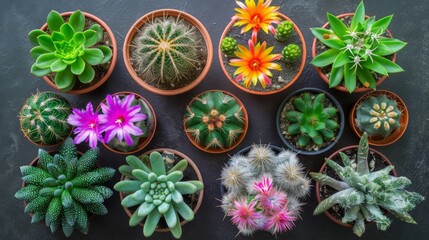 A vibrant and diverse collection of cacti and succulents in flower pots, showcasing a variety of colors and textures on a dark background, appealing to plant lovers.