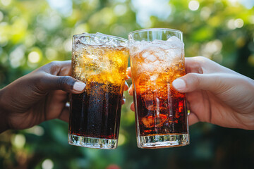 Two people toasting with glasses of soda filled with ice in an outdoor setting creating a refreshing celebratory moment with natural light
