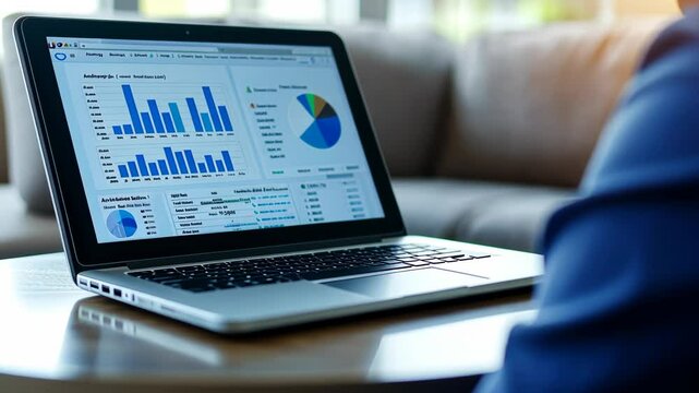 A person is reviewing data charts and graphs on their laptop in a home office