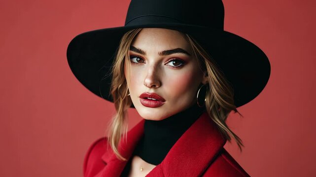 A woman with blonde hair wears a black hat and a red coat while posing against a red background