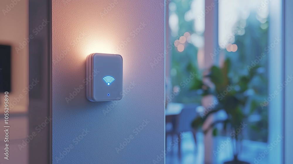 Poster smart device on wall with wi-fi symbol, symbolizing iot security and connectivity.