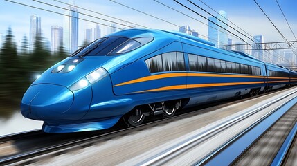 Fototapeta premium A sleek, highspeed bullet train speeding along futuristic tracks, with a futuristic city skyline in the background and advanced technology visible in the design of the train.