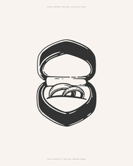 Hand-drawn illustration of an open ring box with two wedding bands inside. Minimalistic, vintage style, ideal for romantic, wedding, or engagement themes.