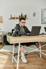 Enthusiastic student learns at his desk, surrounded by home comforts and natural light.