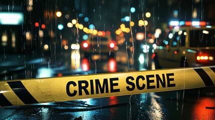 Yellow crime scene tape at night, indicating evidence collection in a city setting.