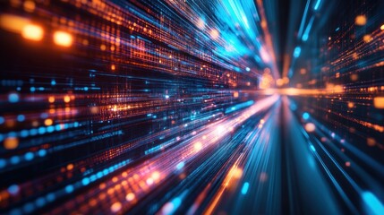 Abstract digital data stream with glowing lines and particles in blue and orange colors, representing fast internet connection and data transfer.