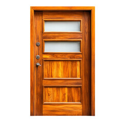 Stylish wooden door with glass panels on transparent background.