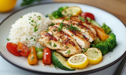 Lemon chicken with vegetables and steamed rice, healthy asian food concept.