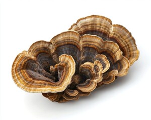Close-up of Turkey Tail mushrooms with distinct, colorful layers and wavy edges isolated on white