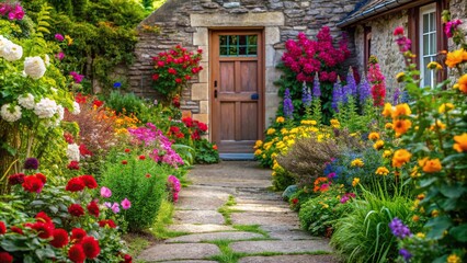 Vibrant flowers along a stone path leading to a cottage door, garden path, cottage