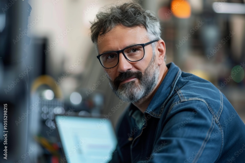 Poster a man with glasses and a beard works intently at a computer in a modern office setting during the da