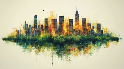 Fototapeta premium Watercolor painting of a city skyline with a green base and a reflection in the water.