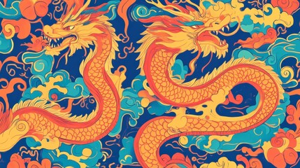 Obraz premium Two dragons are shown in a colorful background