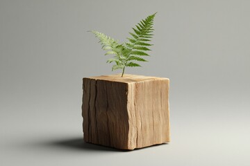 Fern on a Wooden Block: Minimalist Nature Photography