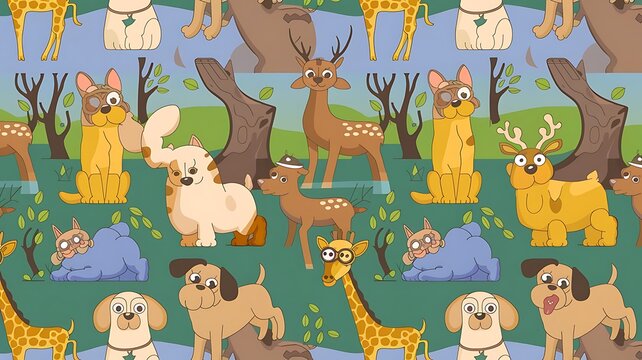 Seamless animal pattern with funny caroon dogs, cat, deer and giraffe