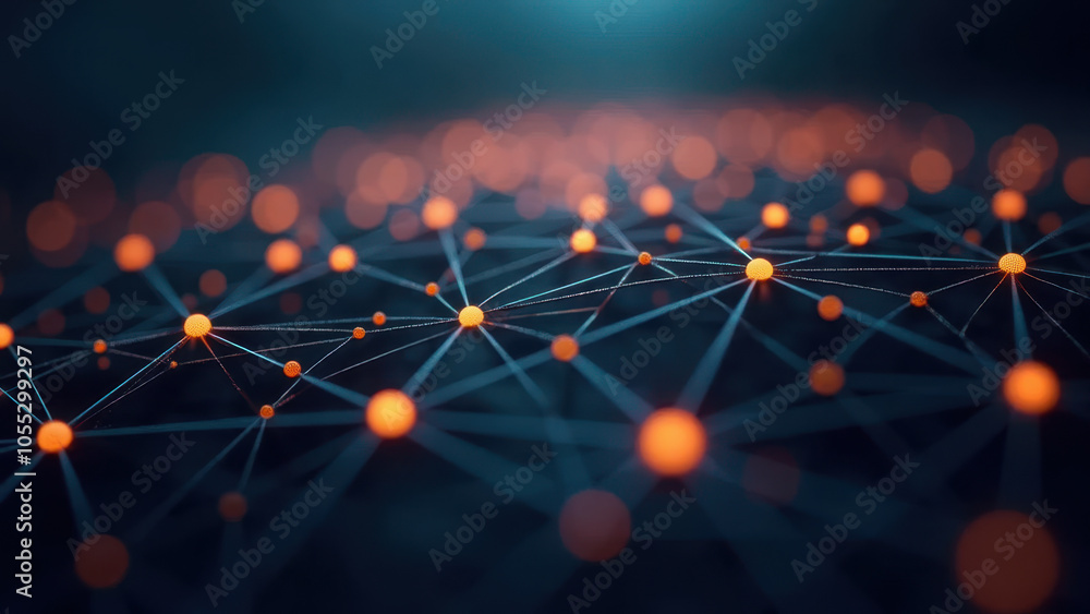 Poster abstract network of glowing orange spheres connected by lines, resembling a neural network or digita