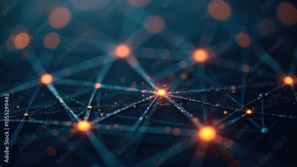Poster illustration of interconnected technology network, with glowing nodes and lines forming a complex di