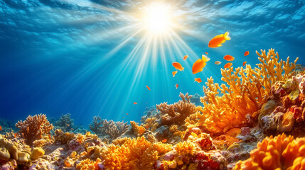 Obraz premium Sunlight filters through clear waters, revealing a lively coral reef full of vibrant fish and rich underwater flora